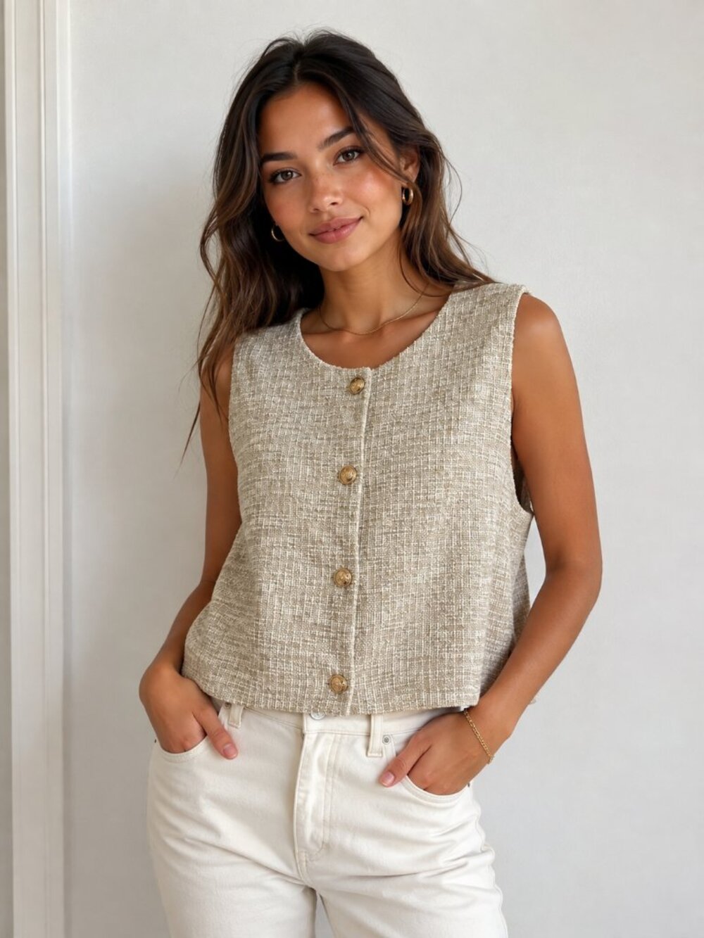 H&M Cream Tweed Sleeveless Jacket Vest with Gold Buttons size S/M